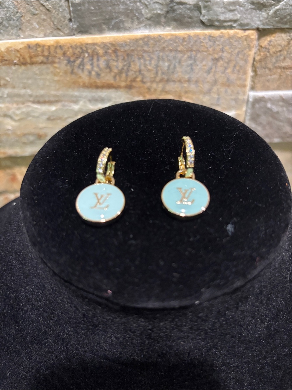Gold-Tone baby blue Enamel LV Monogram Drop Earrings